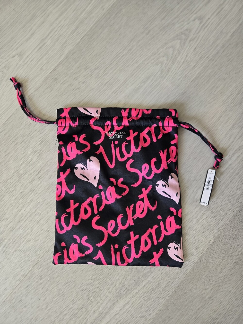 Victoria's Secret Black Drawstring Pouch with Pink Script